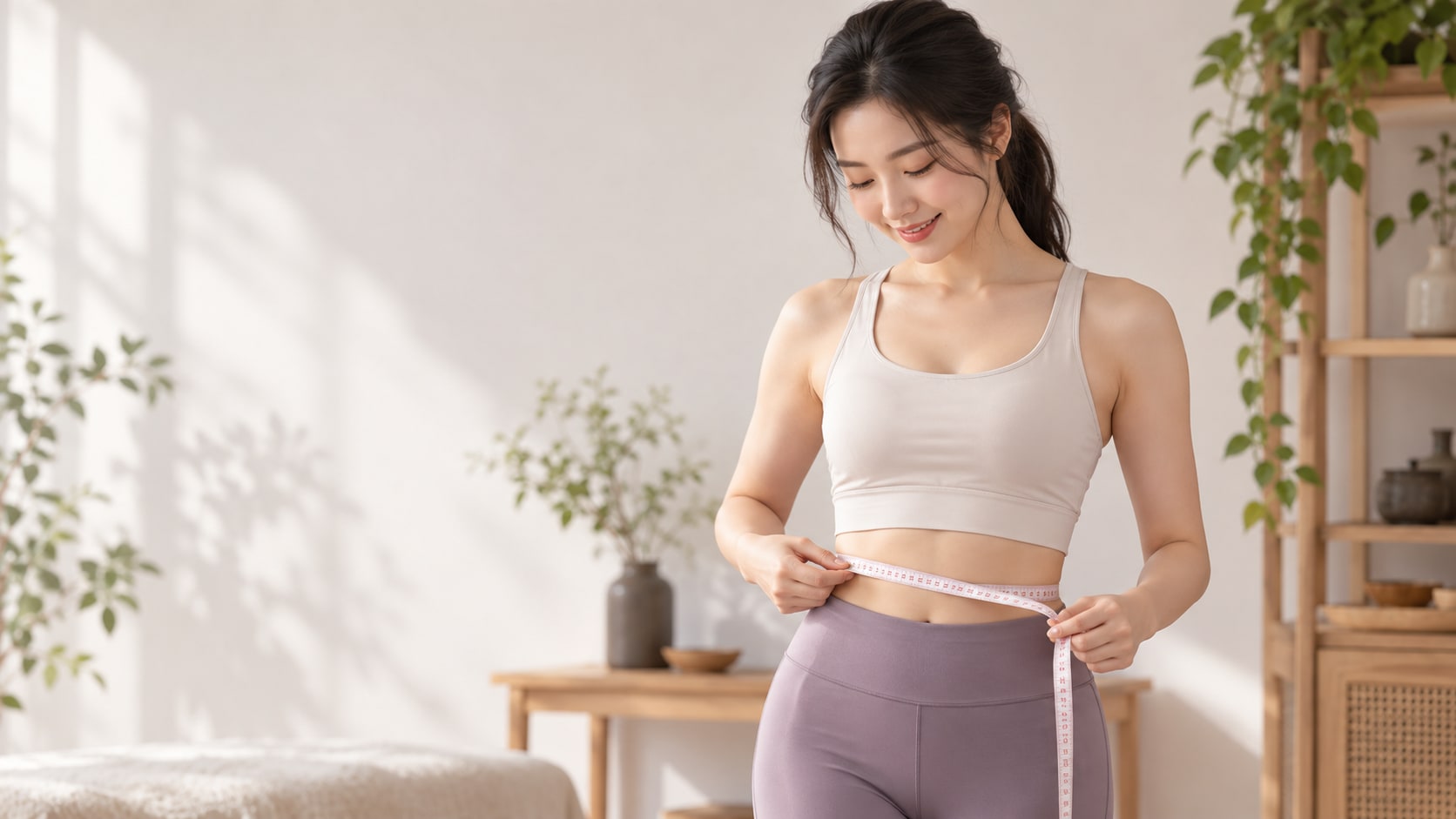 女性量測腰圍的健康管理情境示意